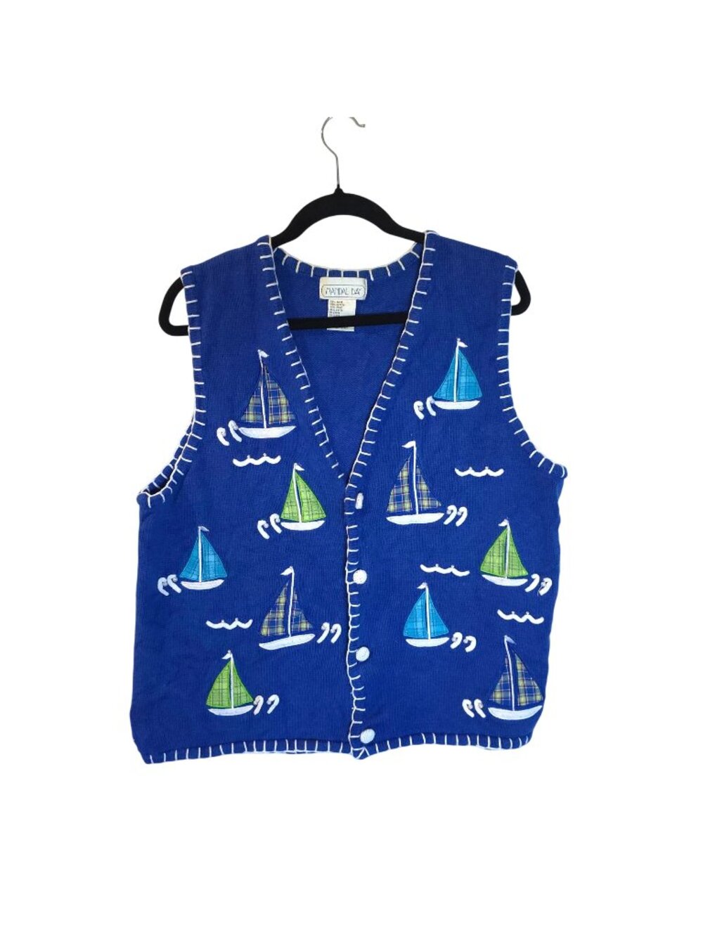 Vtg Womens Embroidered Sailboat Knit Sweater Vest Nautical Size L XL Cotton